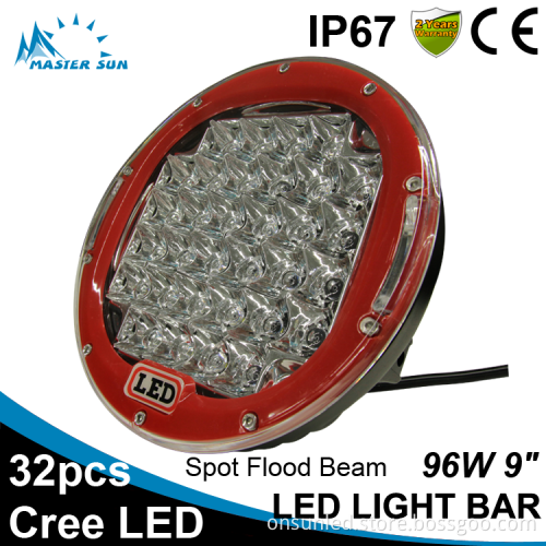 Waterproof Red 9inch 96w led tractor work light car led light bar off road led light bar